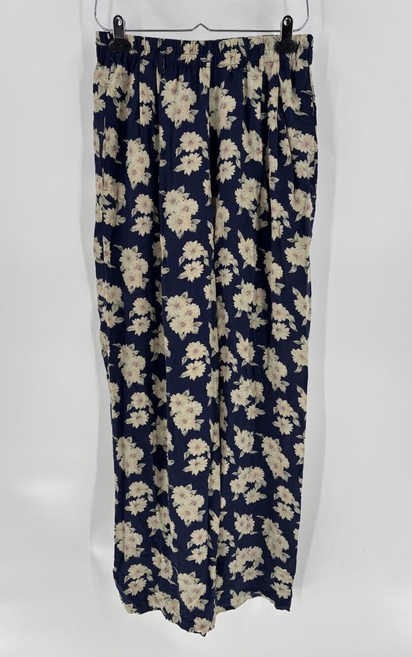 Vintage Saks Fifth Avenue Pants Womens Large Blue 100% Silk Floral Wide Leg 90s